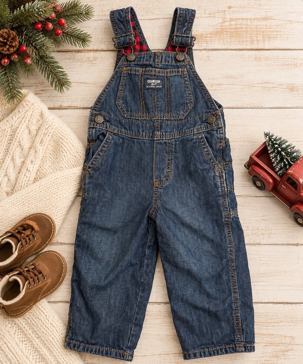 Vintage OshKosh B’Gosh Boys 3T Denim Overalls Buffalo Plaid Lined Christmas